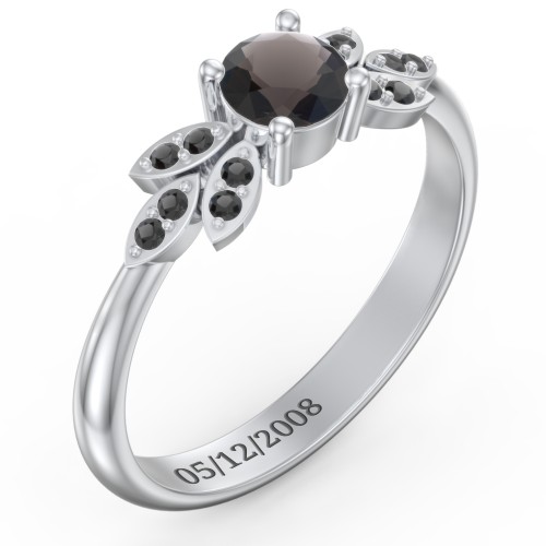 Round Birthstone Ring With Petal Accents – Sterling Silver with Smokey Quartz and Black Premium Zirconia