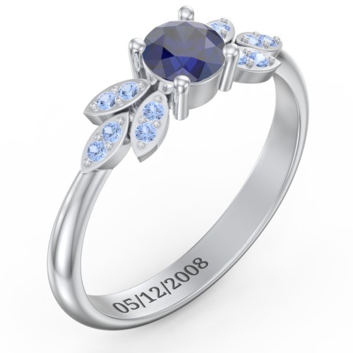Round Birthstone Ring With Petal Accents – Sterling Silver with Blue Sapphire and Fancy Blue Premium Zirconia