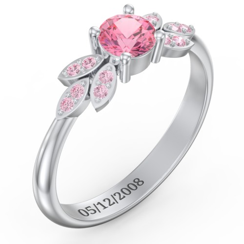 Round Birthstone Ring With Petal Accents – Sterling Silver with Pink Tourmaline and Fancy Pink Premium Zirconia