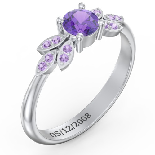 Round Birthstone Ring With Petal Accents – Sterling Silver with Amethyst and Amethyst Premium Zirconia