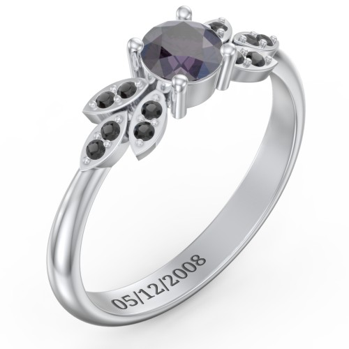 Round Birthstone Ring With Petal Accents – Sterling Silver with Alexandrite and Black Premium Zirconia