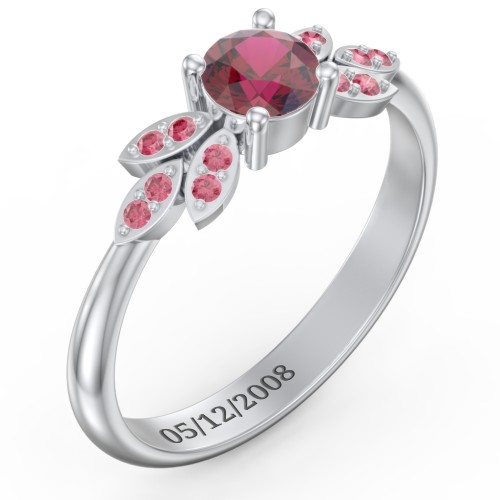 Round Birthstone Ring With Petal Accents – Sterling Silver with Ruby and Red Premium Zirconia