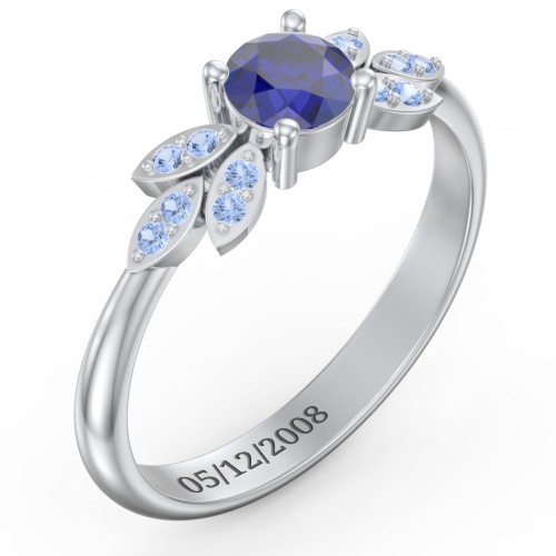 Round Birthstone Ring With Petal Accents – Sterling Silver with Blue Sapphire and Fancy Blue Premium Zirconia