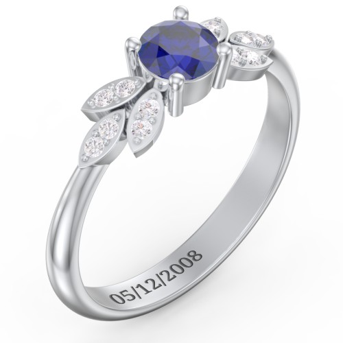 Round Birthstone Ring With Petal Accents – Sterling Silver with Blue Sapphire and White Premium Zirconia