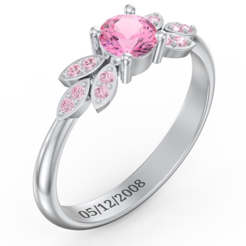Round Birthstone Ring With Petal Accents – Sterling Silver with Pink Tourmaline and Fancy Pink Premium Zirconia