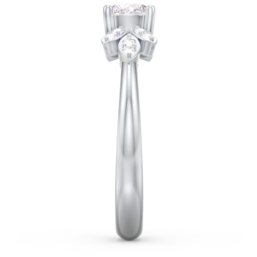 Round Birthstone Ring With Petal Accents – Sterling Silver with Diamond