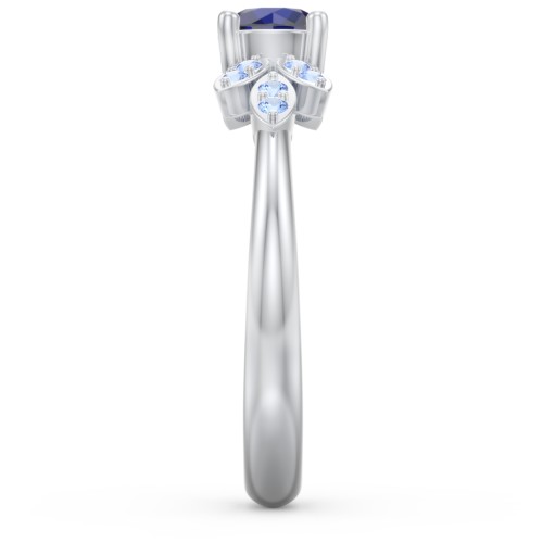 Round Birthstone Ring With Petal Accents – Sterling Silver with Blue Sapphire and Fancy Blue Premium Zirconia