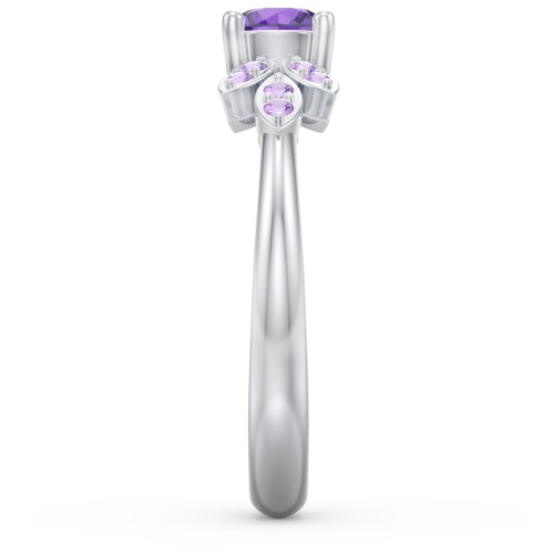 Round Birthstone Ring With Petal Accents – Sterling Silver with Amethyst and Amethyst Premium Zirconia