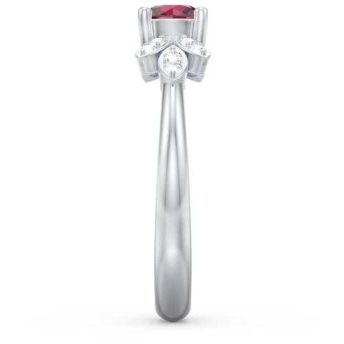 Round Birthstone Ring With Petal Accents – Sterling Silver with Ruby and White Premium Zirconia