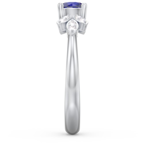 Round Birthstone Ring With Petal Accents – Sterling Silver with Blue Sapphire and White Premium Zirconia