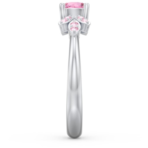 Round Birthstone Ring With Petal Accents – Sterling Silver with Pink Tourmaline and Fancy Pink Premium Zirconia