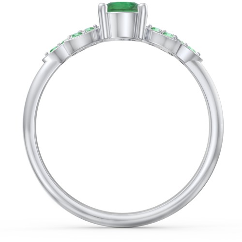 Round Birthstone Ring With Petal Accents – Sterling Silver with Emerald and Green Premium Zirconia