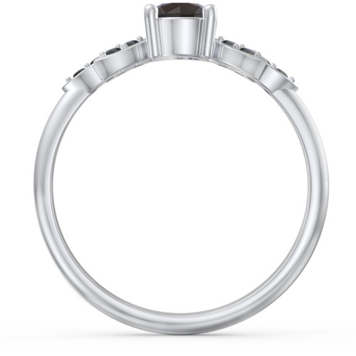 Round Birthstone Ring With Petal Accents – Sterling Silver with Smokey Quartz and Black Premium Zirconia