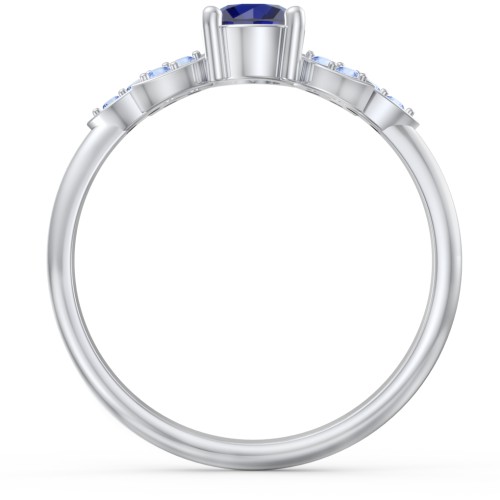 Round Birthstone Ring With Petal Accents – Sterling Silver with Blue Sapphire and Fancy Blue Premium Zirconia