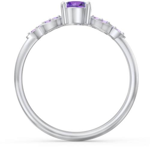 Round Birthstone Ring With Petal Accents – Sterling Silver with Amethyst and Amethyst Premium Zirconia