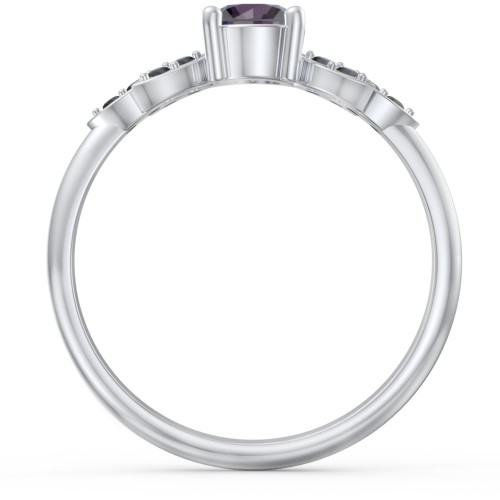 Round Birthstone Ring With Petal Accents – Sterling Silver with Alexandrite and Black Premium Zirconia