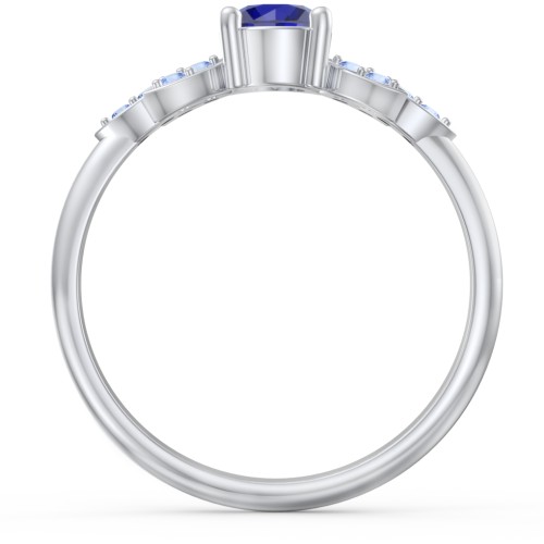 Round Birthstone Ring With Petal Accents – Sterling Silver with Blue Sapphire and Fancy Blue Premium Zirconia