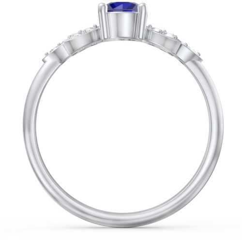 Round Birthstone Ring With Petal Accents – Sterling Silver with Blue Sapphire and White Premium Zirconia