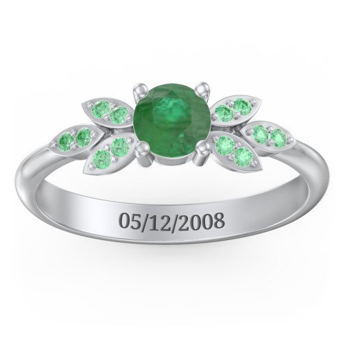 Round Birthstone Ring With Petal Accents – Sterling Silver with Emerald and Green Premium Zirconia