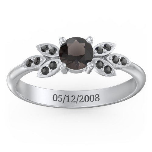 Round Birthstone Ring With Petal Accents – Sterling Silver with Smokey Quartz and Black Premium Zirconia