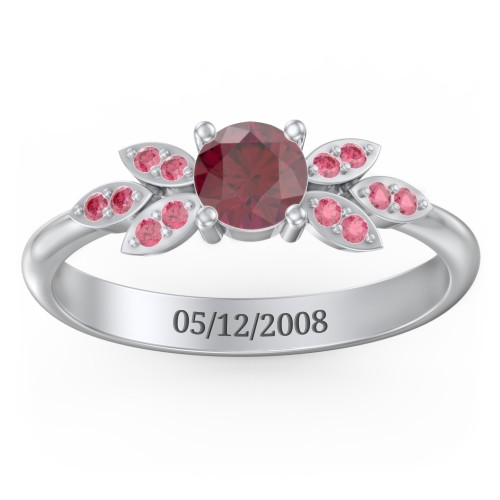 Round Birthstone Ring With Petal Accents – Sterling Silver with Ruby and Red Premium Zirconia