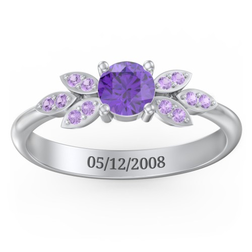 Round Birthstone Ring With Petal Accents – Sterling Silver with Amethyst and Amethyst Premium Zirconia