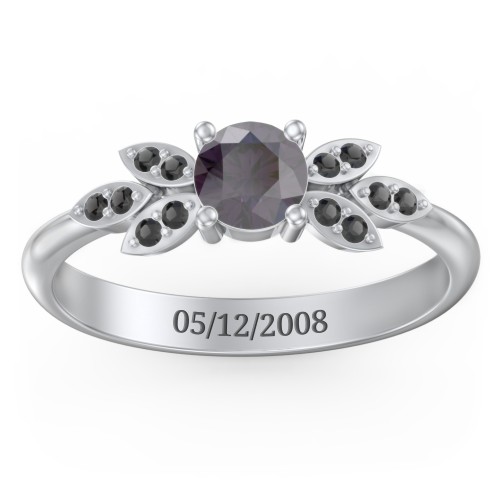 Round Birthstone Ring With Petal Accents – Sterling Silver with Alexandrite and Black Premium Zirconia