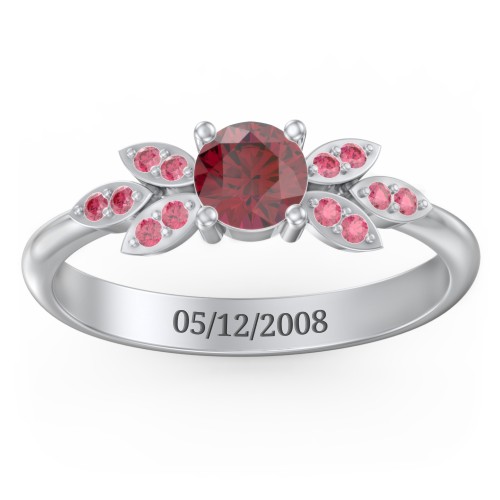 Round Birthstone Ring With Petal Accents – Sterling Silver with Ruby and Red Premium Zirconia
