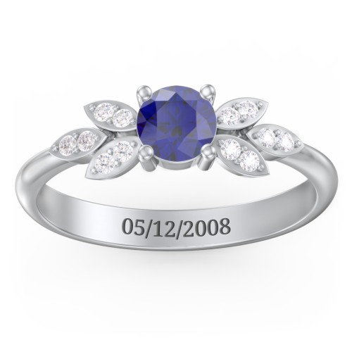 Round Birthstone Ring With Petal Accents – Sterling Silver with Blue Sapphire and White Premium Zirconia