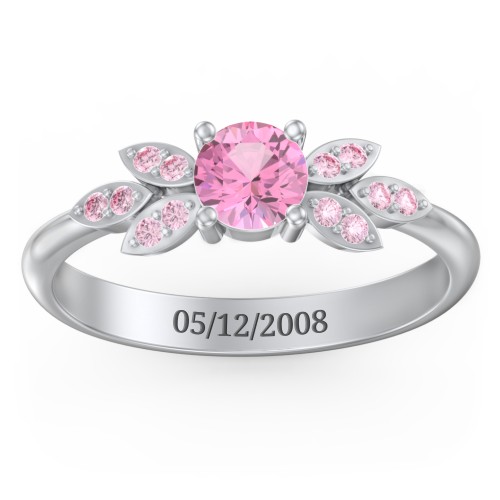 Round Birthstone Ring With Petal Accents – Sterling Silver with Pink Tourmaline and Fancy Pink Premium Zirconia