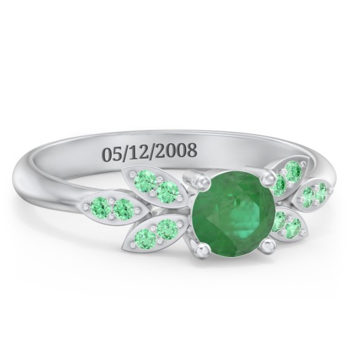 Round Birthstone Ring With Petal Accents – Sterling Silver with Emerald and Green Premium Zirconia
