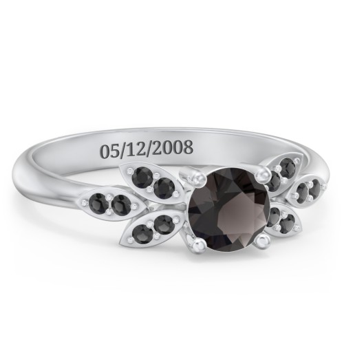 Round Birthstone Ring With Petal Accents – Sterling Silver with Smokey Quartz and Black Premium Zirconia