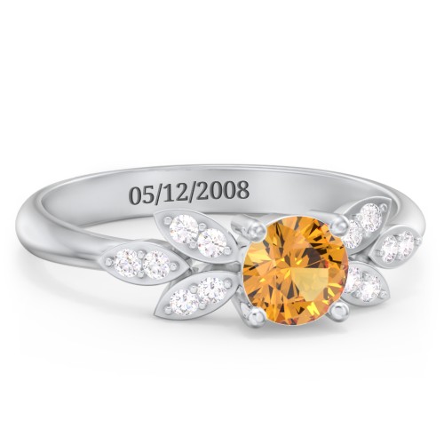 Round Birthstone Ring With Petal Accents – Sterling Silver with Citrine and Diamond