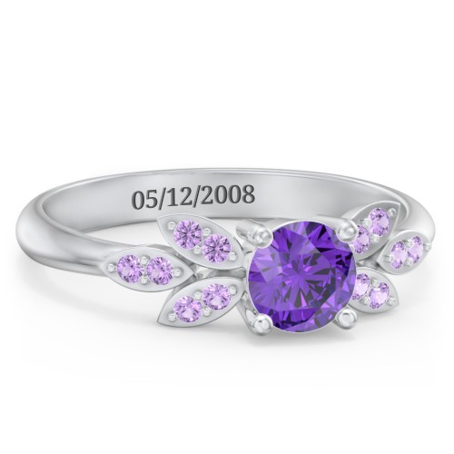 Round Birthstone Ring With Petal Accents – Sterling Silver with Amethyst and Amethyst Premium Zirconia