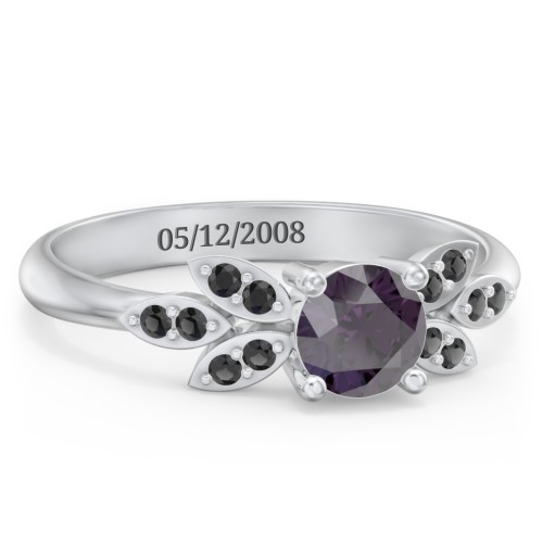 Round Birthstone Ring With Petal Accents – Sterling Silver with Alexandrite and Black Premium Zirconia