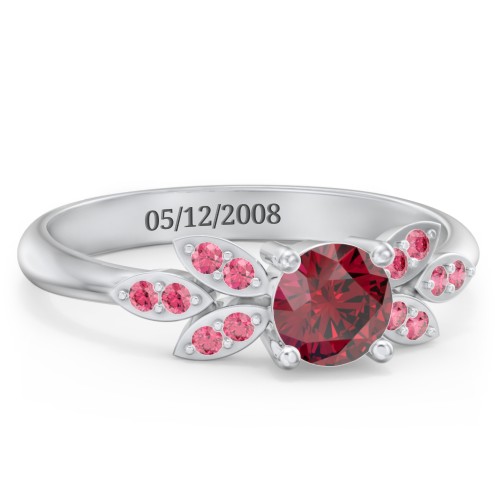 Round Birthstone Ring With Petal Accents – Sterling Silver with Ruby and Red Premium Zirconia