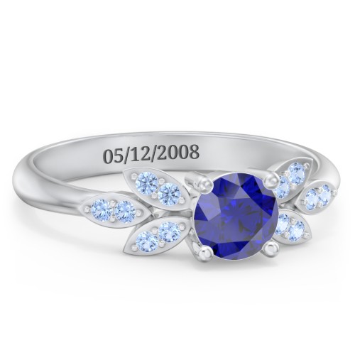 Round Birthstone Ring With Petal Accents – Sterling Silver with Blue Sapphire and Fancy Blue Premium Zirconia