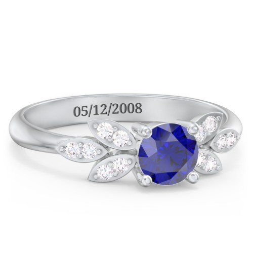 Round Birthstone Ring With Petal Accents – Sterling Silver with Blue Sapphire and White Premium Zirconia