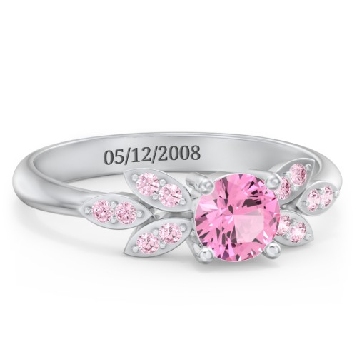 Round Birthstone Ring With Petal Accents – Sterling Silver with Pink Tourmaline and Fancy Pink Premium Zirconia