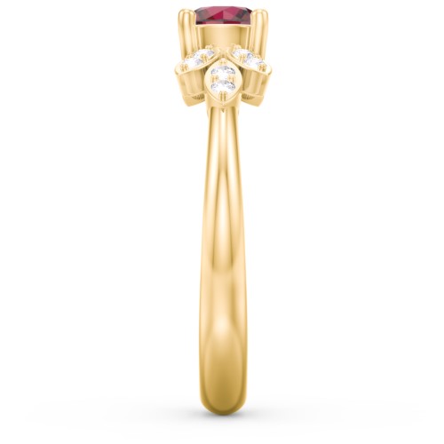 Round Birthstone Ring With Petal Accents – 10K Yellow Gold with Ruby and White Premium Zirconia