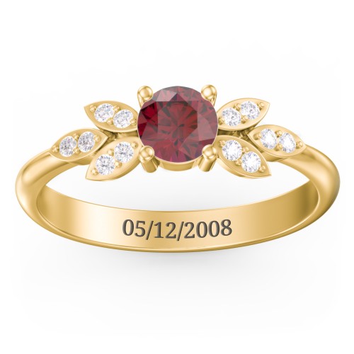Round Birthstone Ring With Petal Accents – 10K Yellow Gold with Ruby and White Premium Zirconia