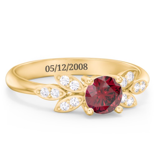 Round Birthstone Ring With Petal Accents – 10K Yellow Gold with Ruby and White Premium Zirconia
