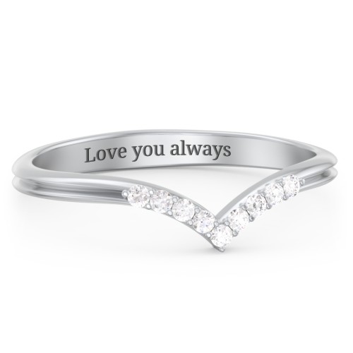 V-Band Wedding Ring With Accents – 10K White Gold with White Premium Zirconia