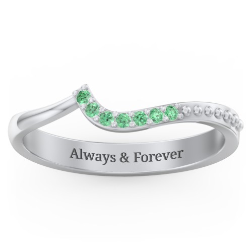 Curved Asymmetrical Wedding Band With Accents – Sterling Silver with Green Premium Zirconia