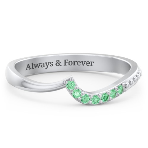 Curved Asymmetrical Wedding Band With Accents – Sterling Silver with Green Premium Zirconia