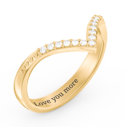 Deep-V Wedding Band With Milgrain And Accents – 10K Yellow Gold with White Premium Zirconia