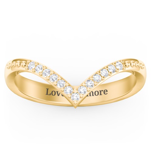 Deep-V Wedding Band With Milgrain And Accents – 10K Yellow Gold with White Premium Zirconia