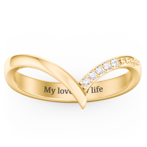 Deep-V Wedding Band With Accents – 10K Yellow Gold with White Premium Zirconia
