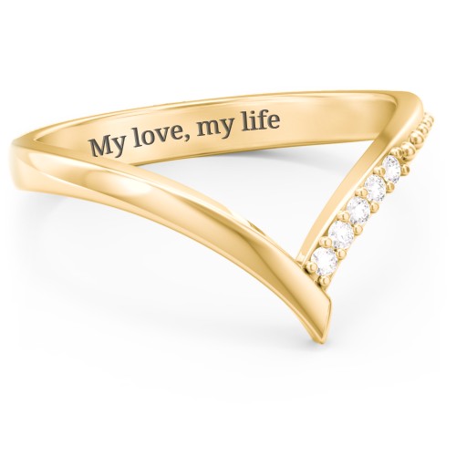 Deep-V Wedding Band With Accents – 10K Yellow Gold with White Premium Zirconia