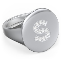 Pavé Initial Signet Ring - S in 925 Sterling Silver with White Premium Zirconia